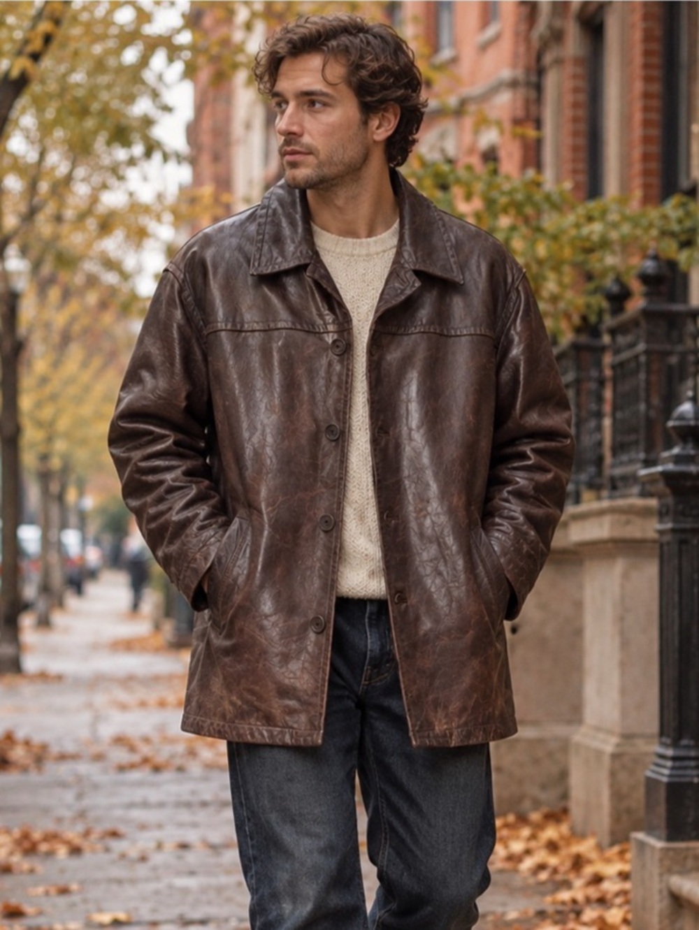 Vintage Y2K 2000s J.Crew Chocolate Brown Heavy Genuine Leather Car Coat Men’s XL